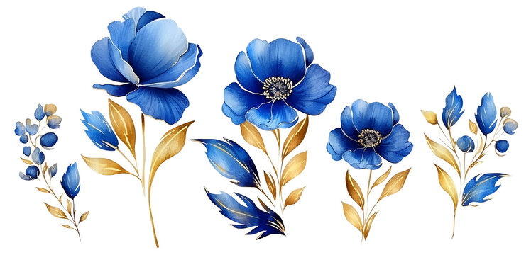 watercolor drawing, set of flowers and leaves in blue and gold colors. flower bouquets isolated