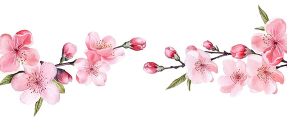 watercolor border of sakura flowers. twigs with spring pink sakura flowers, print