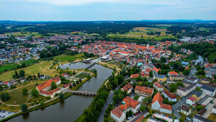 An aerial view of the city Tirschenreuth in Bavaria on a sunny spring day