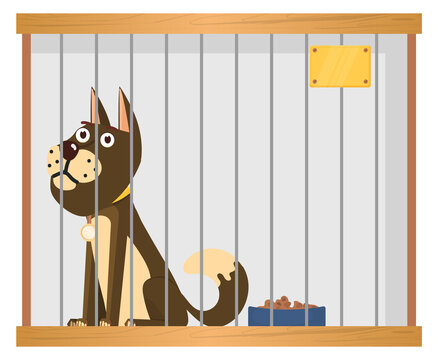 Dog shelter cage with sad animal cartoon illustration