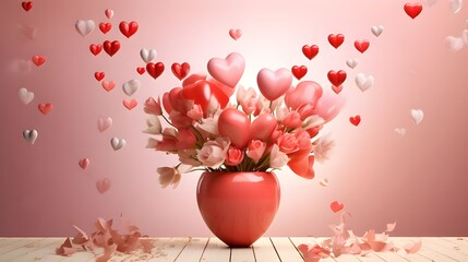 Obraz premium heart shaped balloons in a vase vase with heart-shaped balloon tree. Valentine's day concept 3D Heart Shaped Balloons and Gift Boxes Flying on Pink Background, Valentine's Day Concept