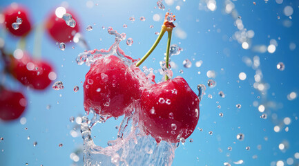 Cherry berries splash water on blue background, panorama