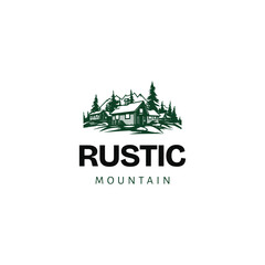forest wooden house village cabin logo design,premium wooden cabin and pine forest mountain retro vector black logo