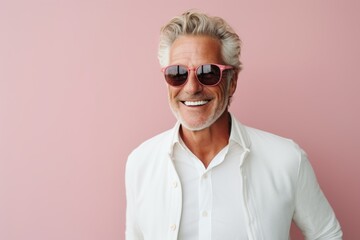 Portrait of a joyful man in his 60s wearing a trendy sunglasses against a light wood minimalistic setup. AI Generation