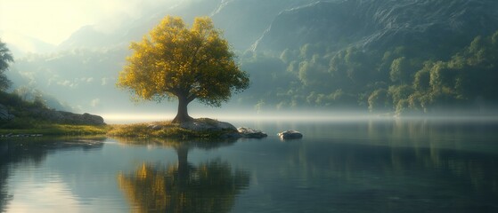 A Lonely Tree Growing On The Shore Of A Mountain Lake. Illustration On The Theme Of Nature And Plants.   Generative AI	
