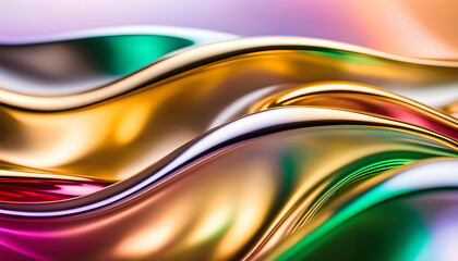 Abstract holographic translucent metallic liquid background, with curved wave and shiny particles