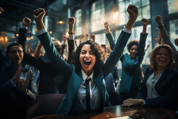A dynamic image of a business team celebrating milestones, hands raised in jubilation, symbolizing the shared victories and the collective strength found in their collaborative eff - obrazy, fototapety, plakaty