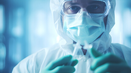 Scientist doctor wearing protective gloves and mask