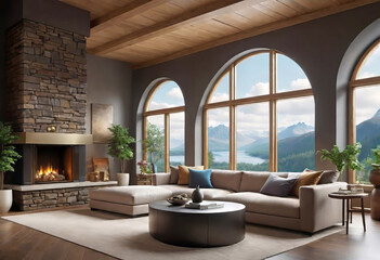 View of a cozy living room with a stone fireplace and a sofa with large windows, a cozy place to relax, Scandinavian hygge interior concept,