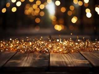 Christmas and New Year background with bokeh lights and wooden boards
