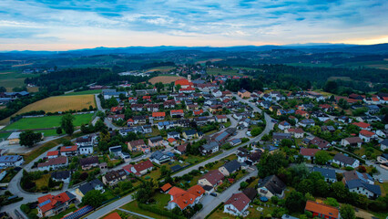 Fototapeta na wymiar Aerial of the village Strasskirchen in Bavaria on a cloudy afternoon in summer