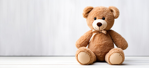 brown teddy bear sitting on a white background, toy. Copy space