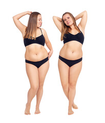 Collage of smiling woman with overweight natural body posing.