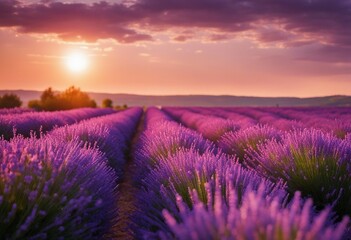 Lavender field sunset and lines Beautiful lavender blooming scented flowers at sunset