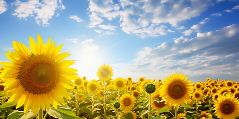 A sunflower is in a field with the sun shining on it. Sunflower field with a radiant sun, Beautiful sunflowers in field under blue sky, Field of sunflowers on a background of blue sky with clouds


