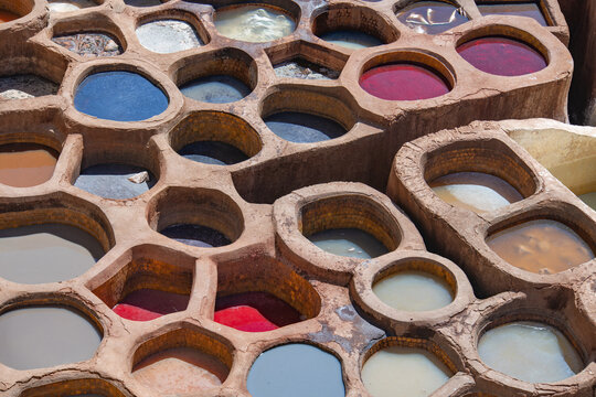 Colorful tannery vats in the ancient city of Fez, Morocco