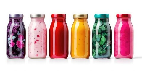 smoothie in glass bottles Smoothie Bottle Assorted fresh smoothie, juice in bottles on white background 