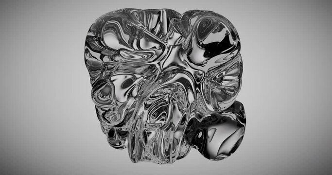 Abstract glass crystal wavy cube with light reflection rotating in the center of the frame on isolated grey background