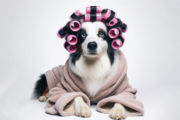 Border Collie dog in a robe with curlers on her hair on a solid white background. ai generative