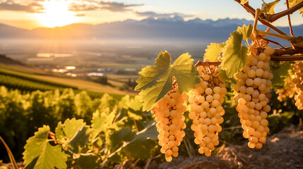 Organic bunches of white burgundy grapes hang from the plant at sunset - obrazy, fototapety, plakaty