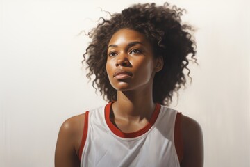 Obraz na płótnie Canvas Portrait of a blissful afro-american woman in her 30s sporting a breathable mesh jersey against a plain white digital canvas. AI Generation
