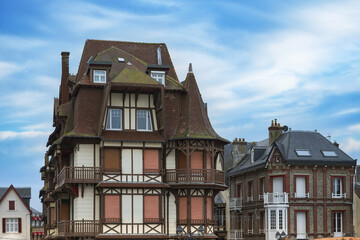 Fototapeta na wymiar Etretat in France, houses in the center, old architecture 