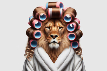 lion in a robe with curlers on her hair on a solid white background. ai generative