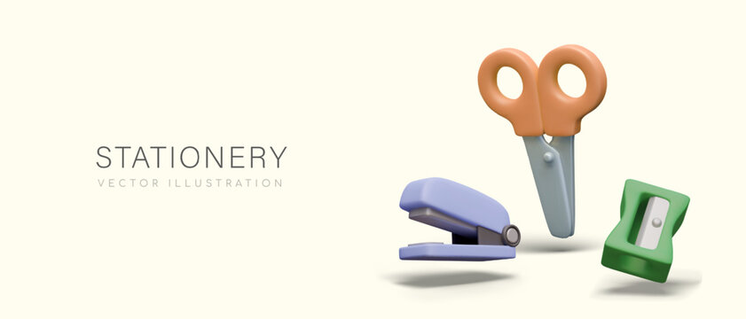 Concept of stationery. Realistic scissors with orange handles, blue stapler, and green sharpener