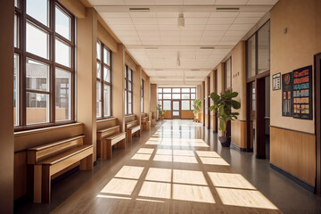 empty Sunlit School Hallway interior