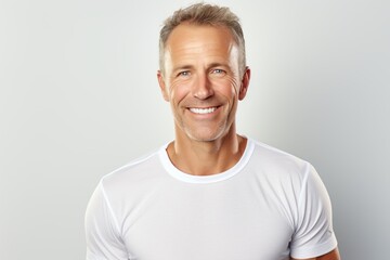 Portrait of a cheerful man in his 40s sporting a technical climbing shirt against a plain white digital canvas. AI Generation