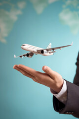 Global Economy and Trade Concept: Businessman hand Balancing Airplane Symbolizing Business Travel and Commerce