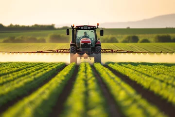 Fotobehang Modern Farming: Tractor Spraying Chemicals on Green Crop © Renata Hamuda