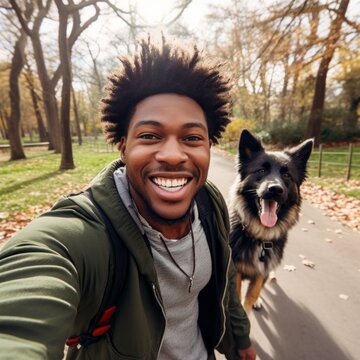 African american man taking selfie picture with his cute dog at sunny day in city park lawn on the grass