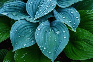 Close-up of a splendid hosta plant named Blue Angel showcasing its mesmerizing blue leaves adorned with raindrops in the garden. Generative AI