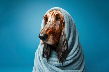 Wet afghan hound dog wrapped in a towel solid blue background. ai generative