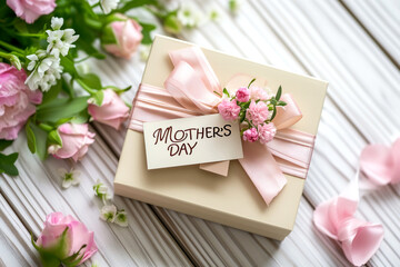 Mother's Day Concept with Pink Roses and Gift Box with Ribbon on white Wooden Background
