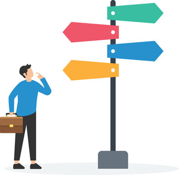 Business decision making, career path, Work direction or choose the right way to success, Looking at multiple road signs, Thinking which way to go.

