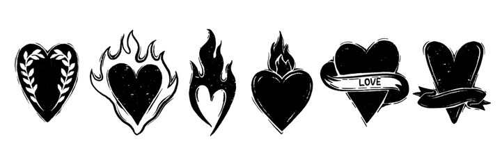 Heart linocut icon set, y2k romantic gothic love sign, 90s grunge texture print kit, flame, ribbon. Valentine Day aesthetic cut effect shape holiday boho engraving silhouette. Heart linocut collection