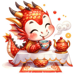Adorable Dragon Enjoying Tea Illustration
