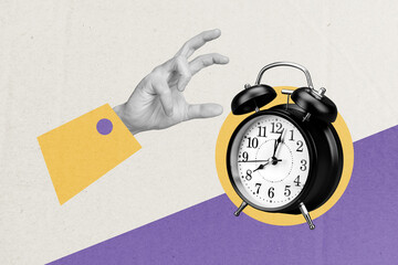 Photo collage artwork minimal picture of arm turning off ringing clock isolated graphical background