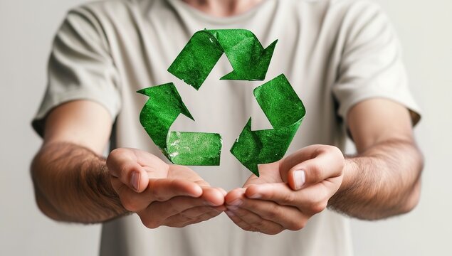 Embracing sustainability: hands holding a green leafy recycling symbol symbolizing green practices and environmental responsibility