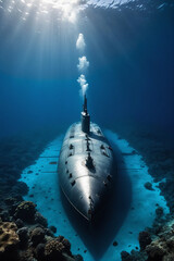 A lone submarine ventures into the blue abyss, a symbol of marine discovery