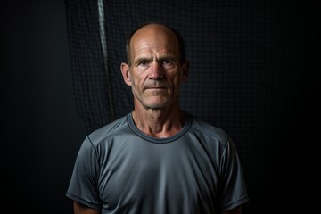 Obraz premium Portrait of a joyful man in his 50s sporting a breathable mesh jersey against a bare monochromatic room. AI Generation