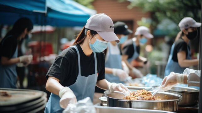 Volunteers serving food at an outdoor community event.