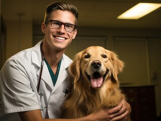 Portrait of a young veterinarian with a golden retriever dog.