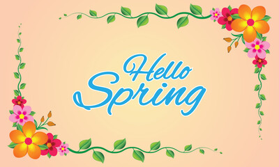 Spring flowers illustration, Spring Greeting Background, Hello Spring Lettering spring season with leaf for greeting card, invitation template.