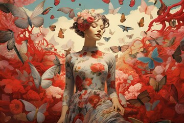 Red colored illustration of beautiful woman surrounded by butterflies