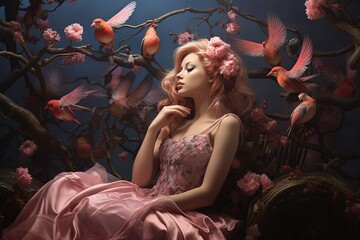 Obraz na płótnie Canvas Enchanted blossom evening, mystical woman with birds