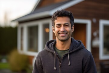 Fototapeta premium Portrait of a happy indian man in his 30s dressed in a comfy fleece pullover against a stylized simple home office background. AI Generation
