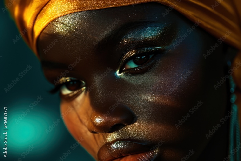 Canvas Prints  a close up of a woman's face with a gold turban on top of her head and blue and green lights in the back of her eyes.